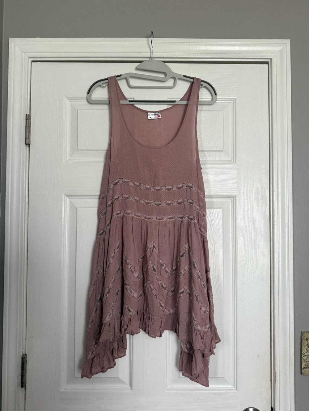 Free People Voile and Lace Trapeze Slip Dress in mauve pink with polka dot